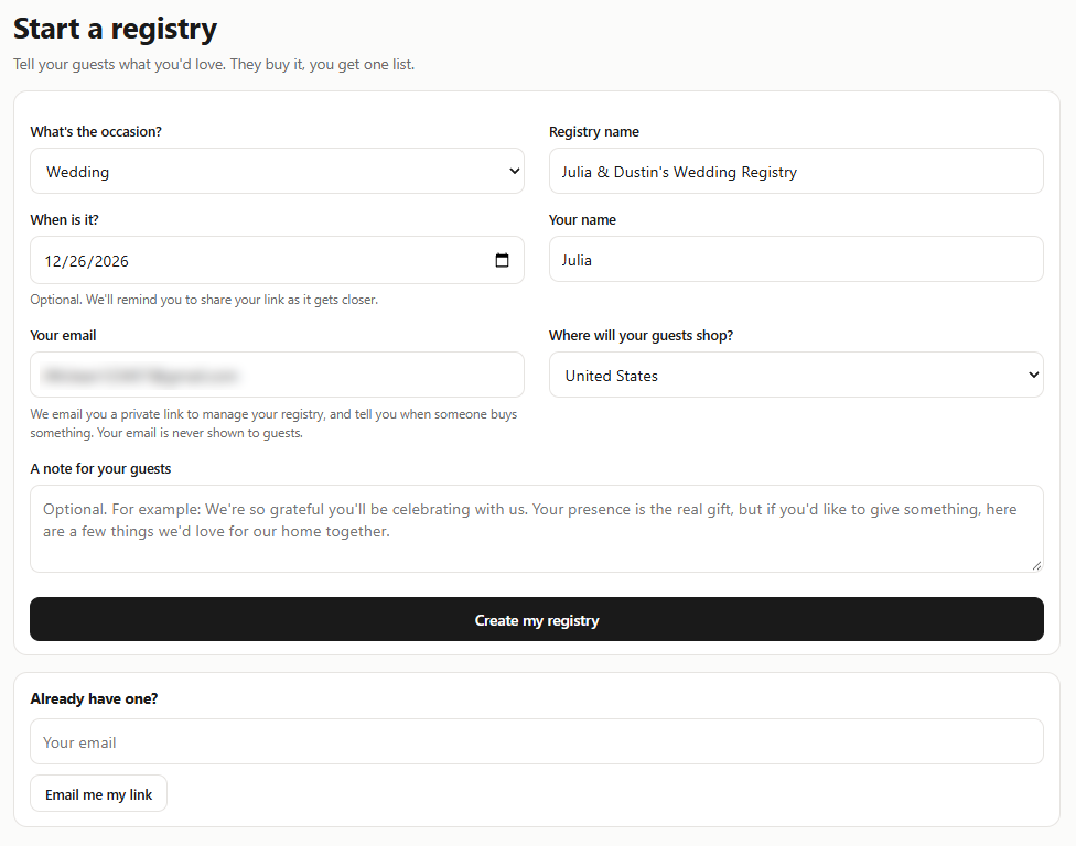 The Start a registry form with the occasion, registry name, date, name, email and country filled in