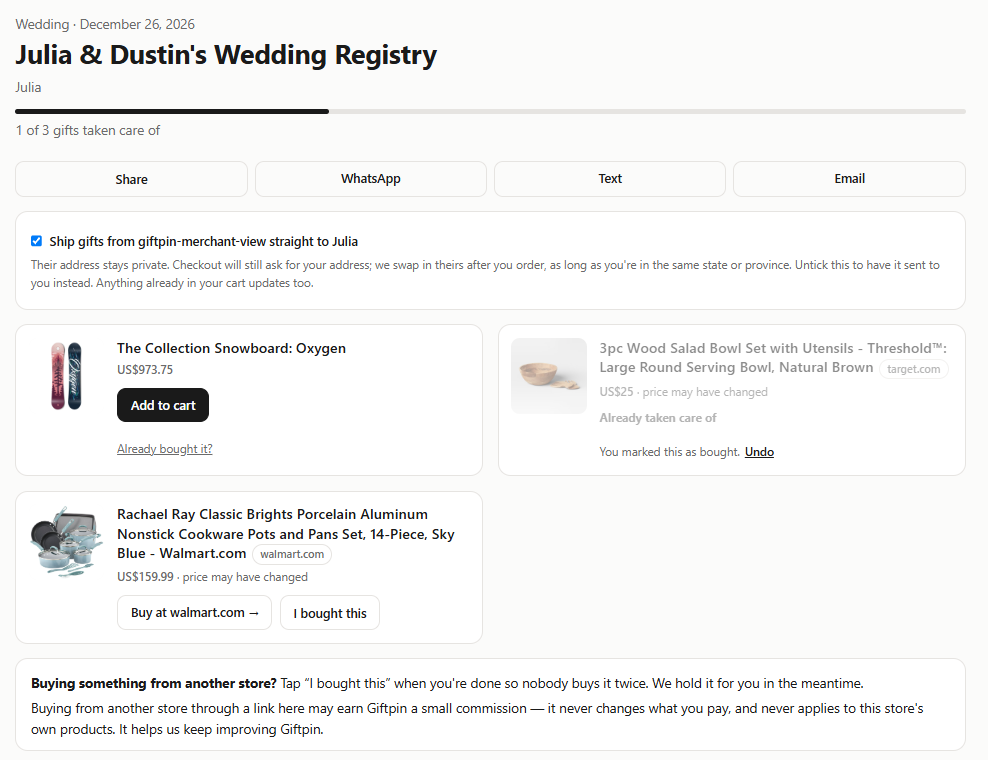 What guests see: the registry with a store item, a gift already taken care of, and an item from Walmart