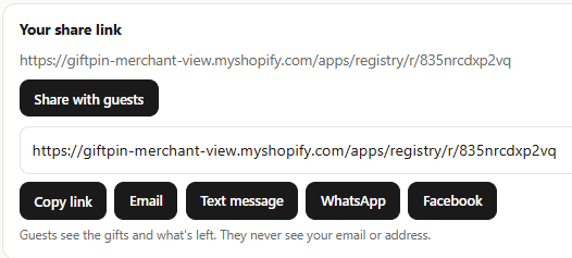 The share link with Copy link, Email, Text message, WhatsApp and Facebook buttons