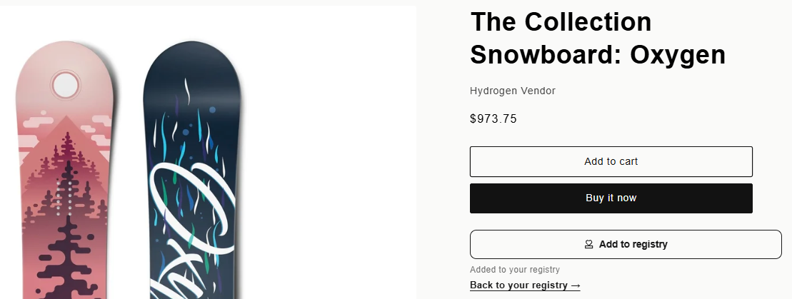 A product page after pressing Add to registry, showing Added to your registry and a Back to your registry link