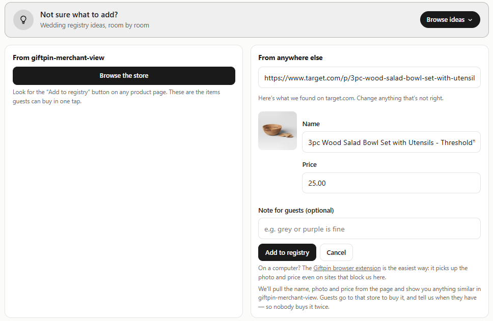 The Add items box with a Target link looked up, showing the photo, name and price it found