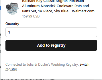 The Giftpin extension on a Walmart product page, with the quantity and Add to registry button