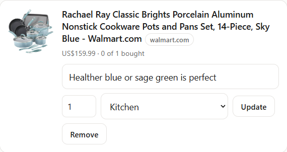 An item on the list opened for editing, with a note for guests, the quantity and the category