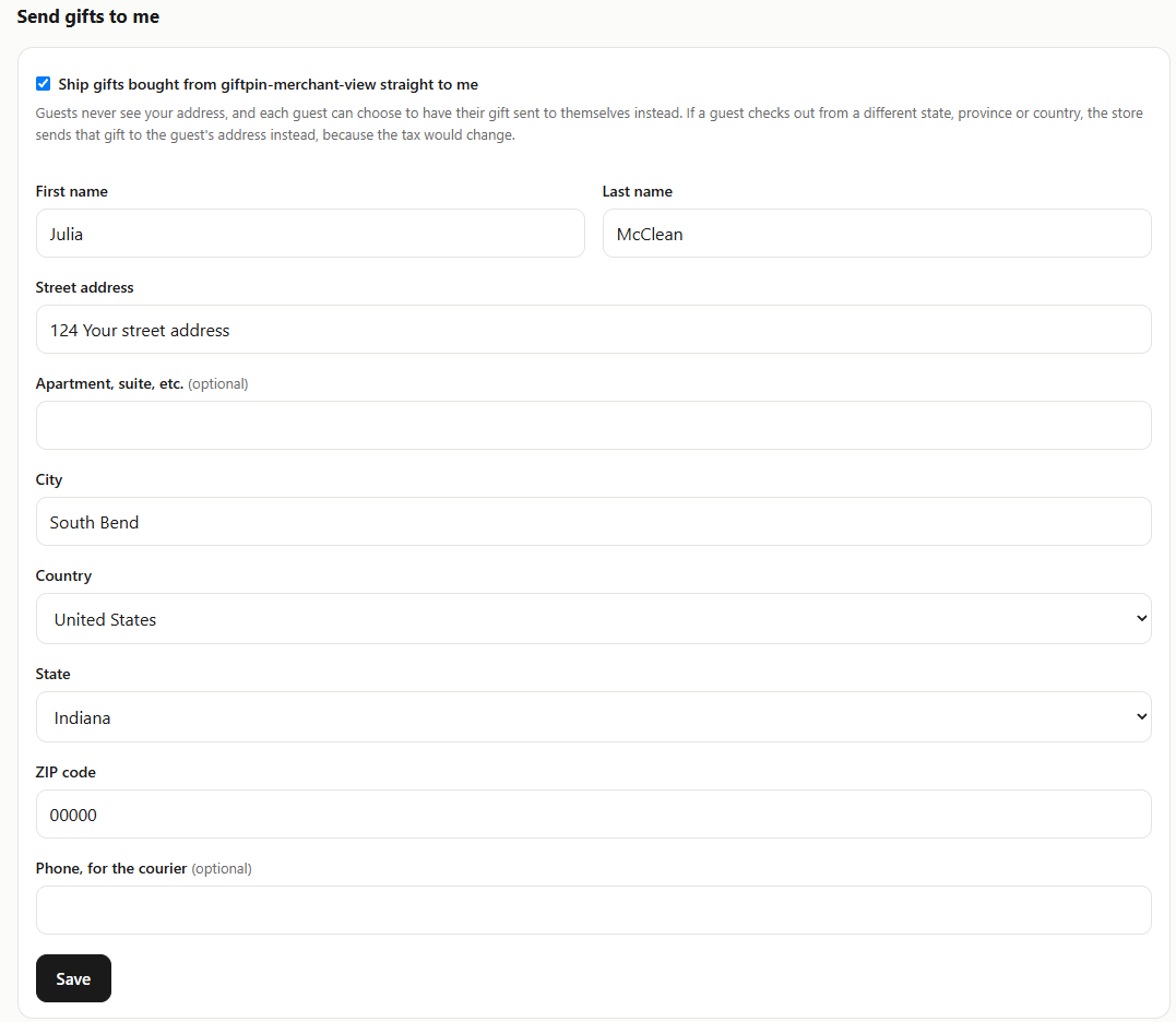 The Send gifts to me section with the box ticked and a shipping address filled in